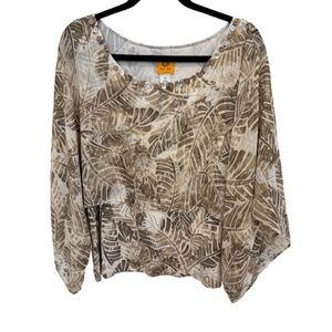 Ruby Rd Sheer Kimono Sleeve Sheer Overlay Tropical Brown White Top Size XL